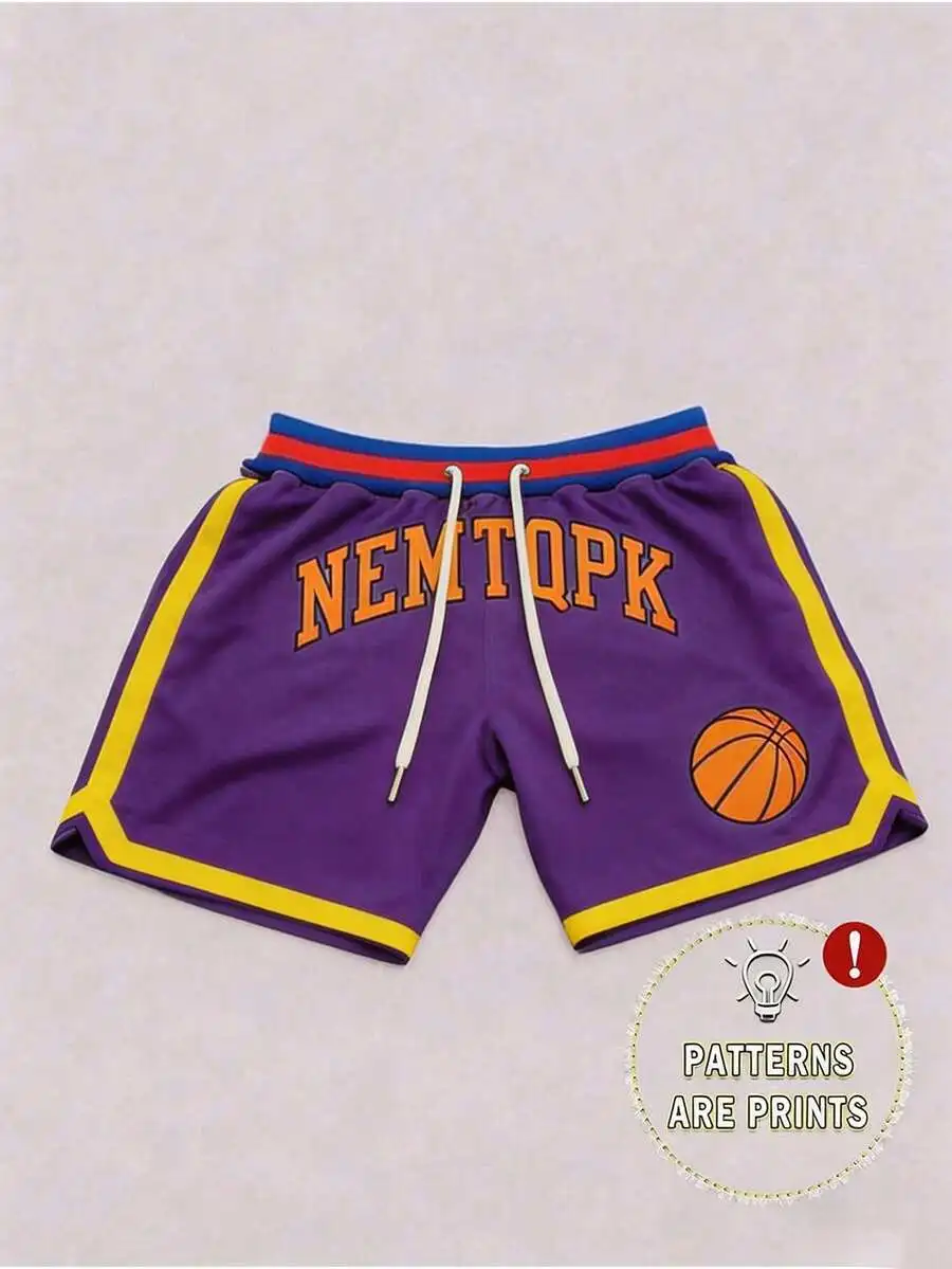 

Mens Printed Basketball Style Shorts Casual Loose Fit Drawstring Waist Purple