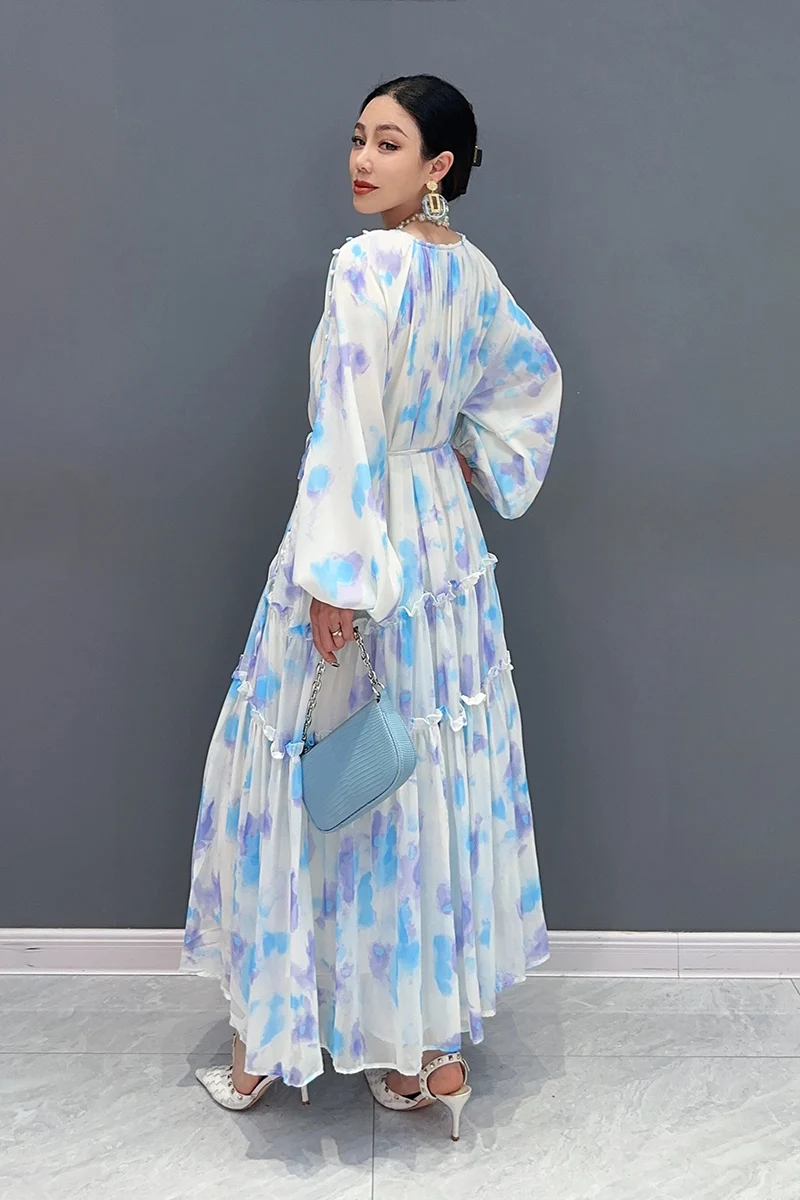 Vefadisa 2024 Spring Summer New Chiffon Printed Long Dress Loose and Elegant French Tea Break Skirt WXY204