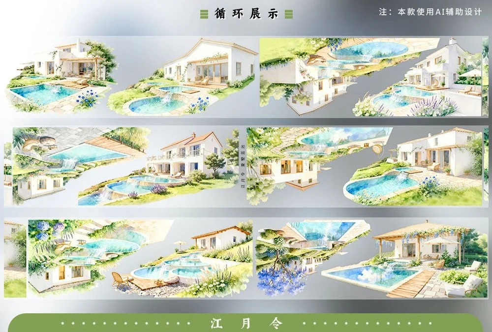Summer Swimming Pool Landscape PET Washi Tape Scenery Decorative Sticker For Journal Scrapbook Collage DIY Card Making