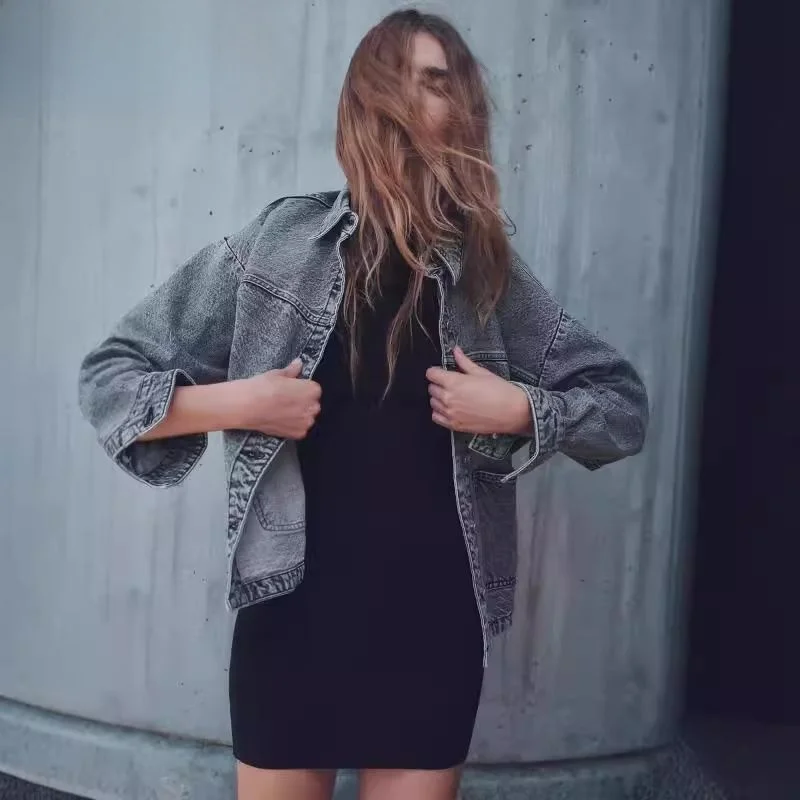 

Spring 2025 New Faion Cotton Long Sve Turn-down Collar Denim Jaet Women's Loose Fit Casual Sle Single Piece Coat