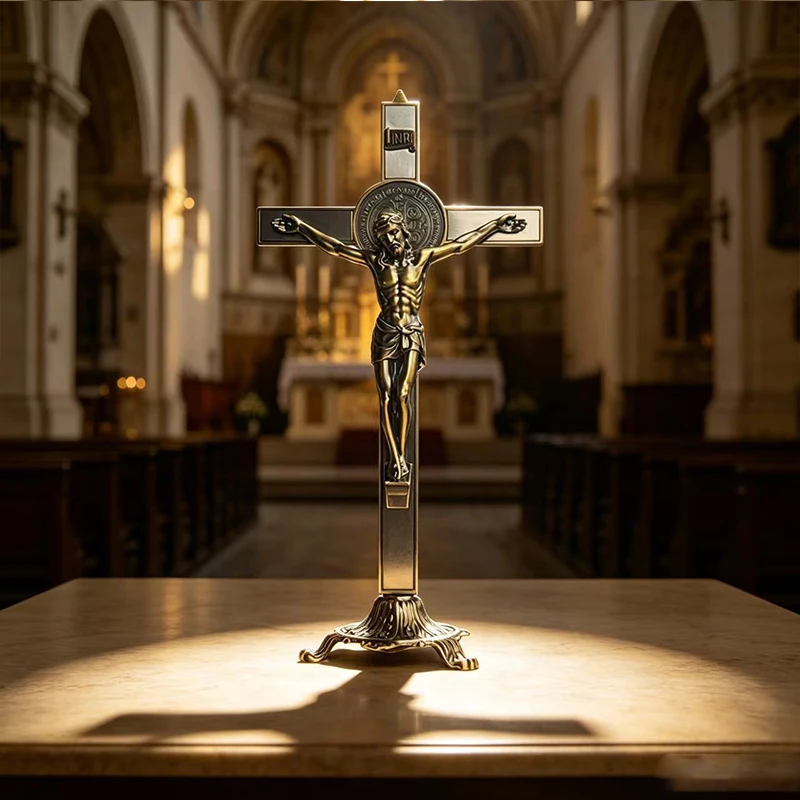 New Bronze Tone Standing Crucifix with Saint Benedict Medal, Perfect Religious Gift for Catholic Christian Home Altar Use Gift