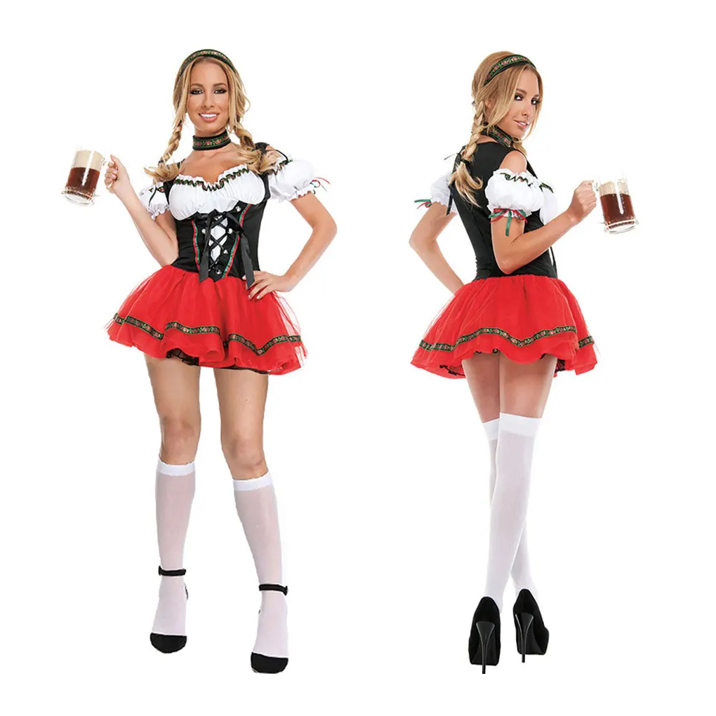 

2024 Oktoberfest Beer Festival Dress Dirndl Skirt Apron Blouse Gown Red Lattice German Bavarian Costume