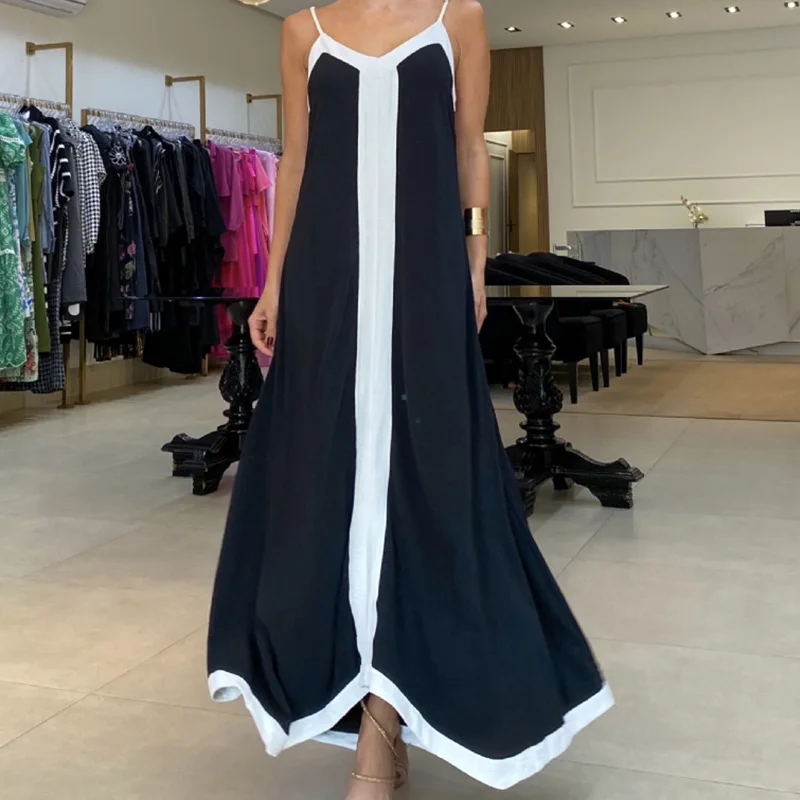 

Summer V-neck Vacation Color Block Backless Loose Dress Women Elegant High Waist Polyester Fiber Casual Mid-length Dress
