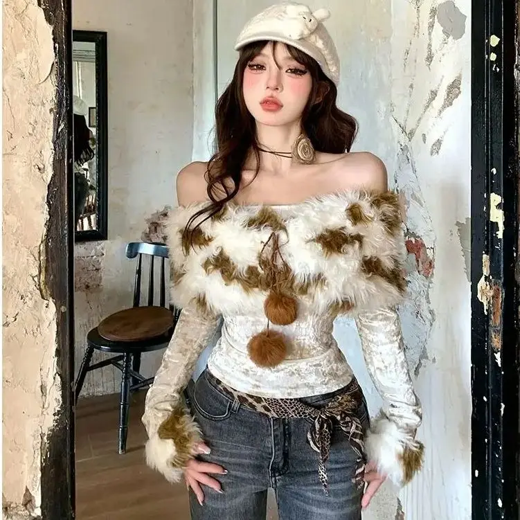 

Off-The-Shoulder Bottoming Shirt Sweet Spicy Women Autumn Winter New Style Strappy Long-Sleeved Slimming Short Top