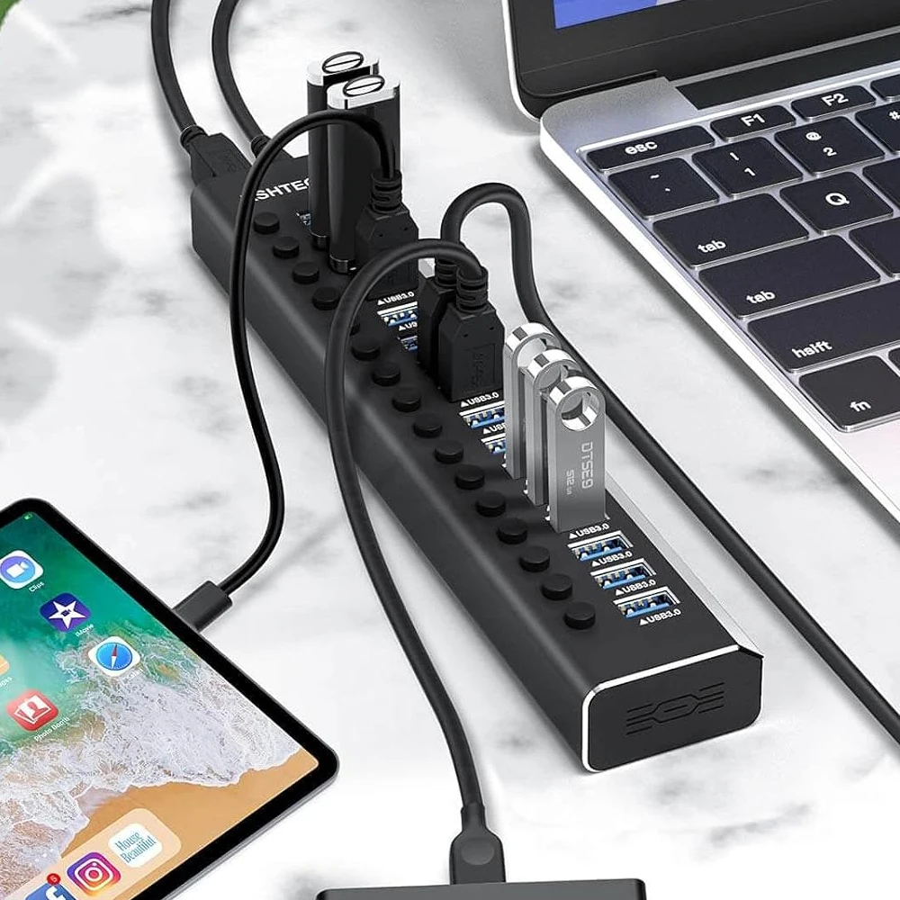 7/10/13/16 Ports Powered USB Hub Aluminum USB 3.0 Data Hub Expander with Individual On/Off Switches for Laptop MacBook Splitter