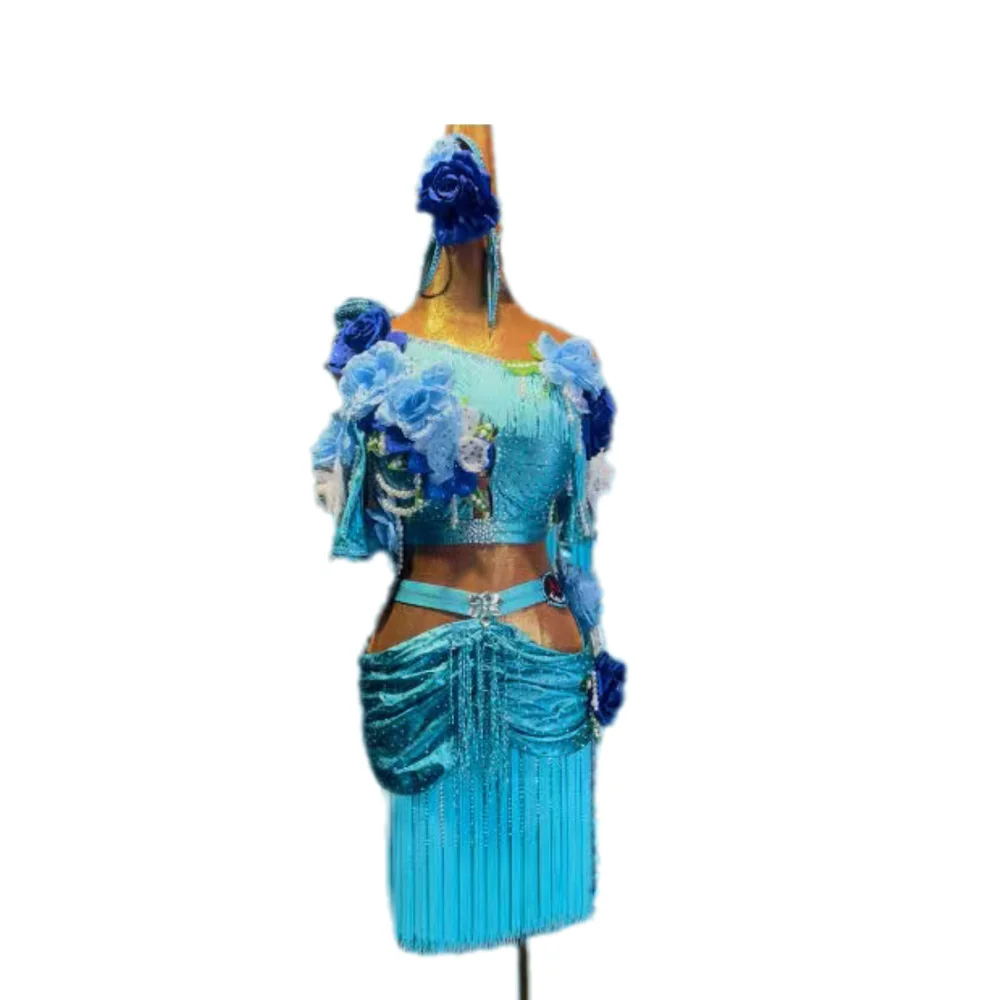 

Латинская танцовщица, взрослых, детское высококачественное синее платье принцессы с цветочным узором на заказ, платье для выступлений из камня Танго Самба AB