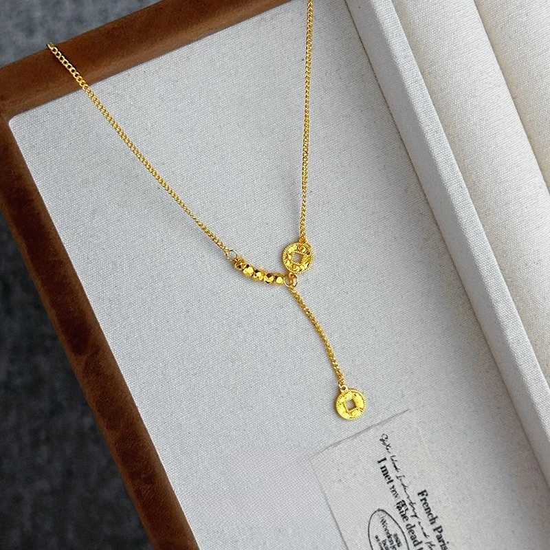 

Real Kt18 Golden Color Coin Pendant Necklace for Womens Bride O Chain Wedding Engagement Fine Jewelry Not Fade
