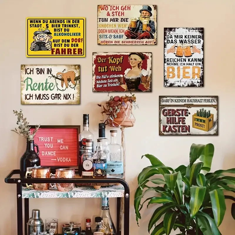 2D Flat, 2D Flat - Vintage German Humor Metal Sign Set, 6pcs in Total, Each Measuring 2.49 X 10.01 cm, Perfect for Beer-Themed W