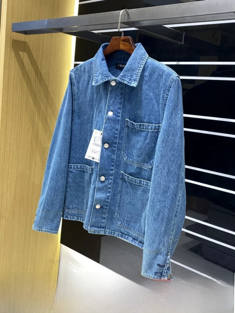 

American Casual Style 100% Cotton Jeans Fabric Washed Processed Spring Men's Loose Collar Denim Jacket Trendy Long Sleeve Coat