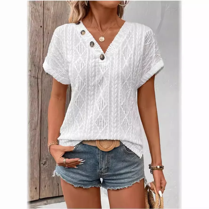 

Summer Women's Short-sleeved T-shirt V-neck Button White Top Hollow Black Casual and Loose Tees for Female