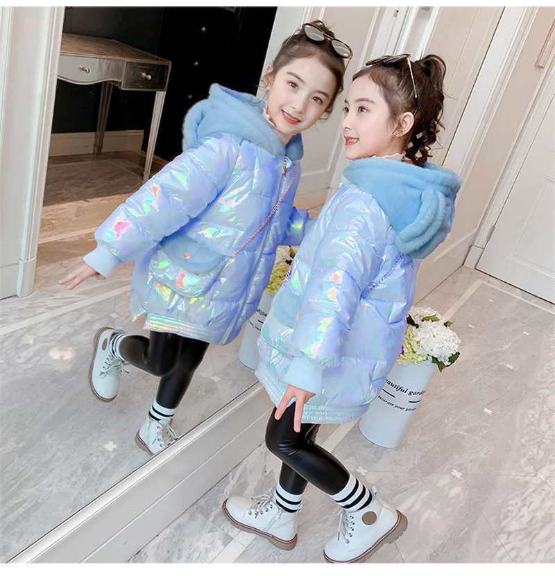 -30℃ Winter kids Jackets Girls Bright Thicken Cotton Clothes Big Children Hooded Plus Velvet Outerwear Freezing Resistance Parka