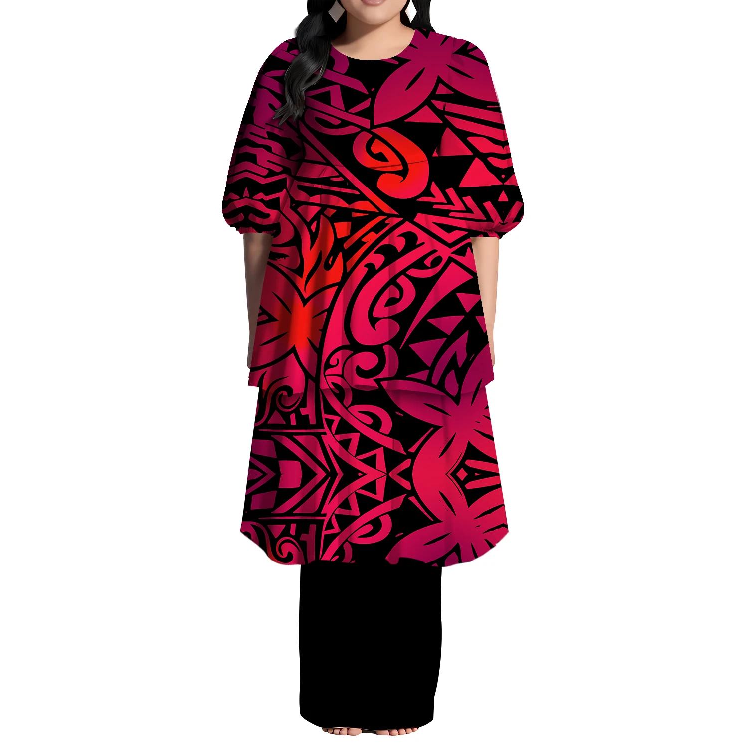 Recién llegado, vestido largo azul con volantes Puletasi, diseño personalizado de estilo Hawaiano, vestido de manga corta, vestido Tribal polinesio para mujer, 2 piezas