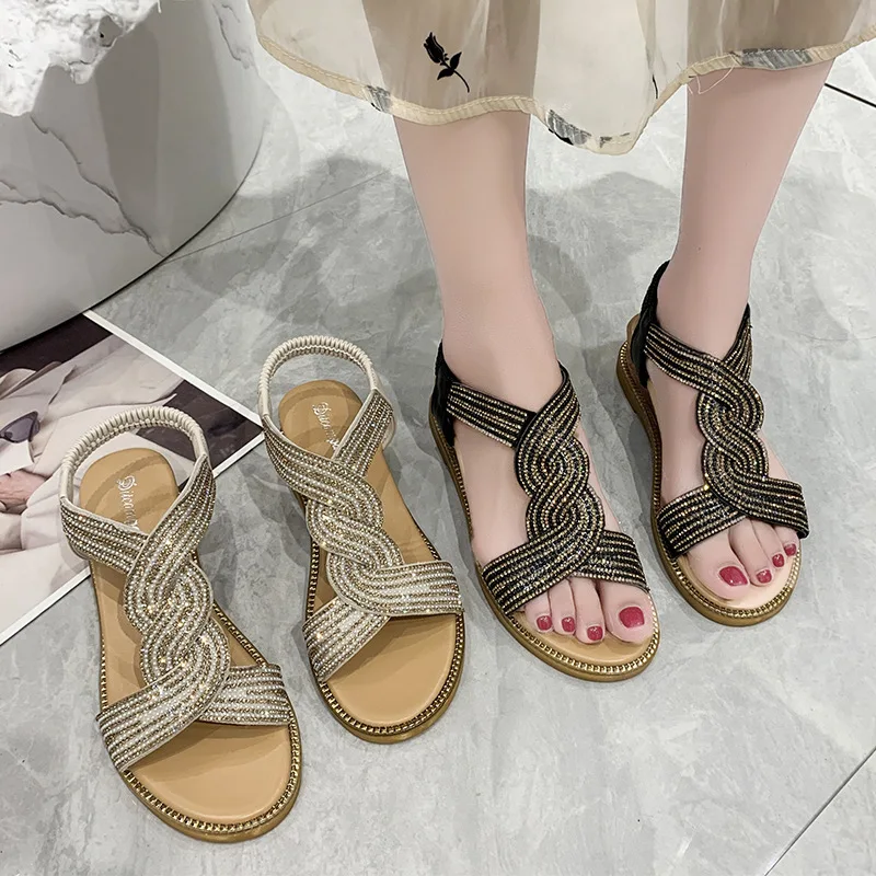 

2022 Summer Rhinestone Sandals Fashion Women's Flat Shoes Casual Platform Sandals Crystal Bling Wedges Open Toe Beach Slides