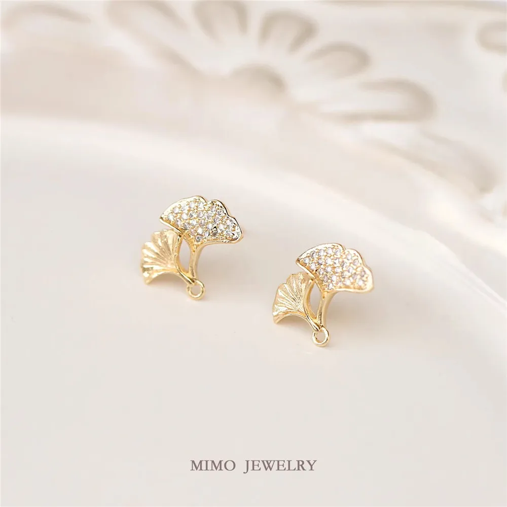 

Copper Gold-plated Micro-inlaid Zircon Ginkgo Biloba 925 Silver Needle Stud Earrings DIY Handmade Charm Accessories