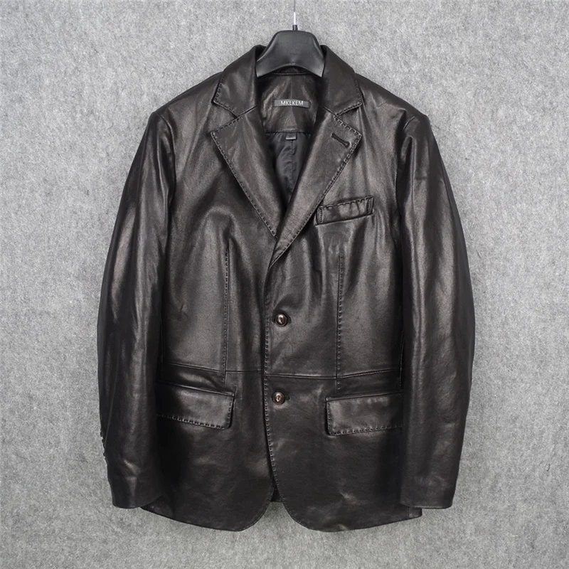 

Hanrted Top Layer Vegetable Tanned eep Leather Suit Jaet Hand Sewn Thi Tead Running Decorative Busin Casual