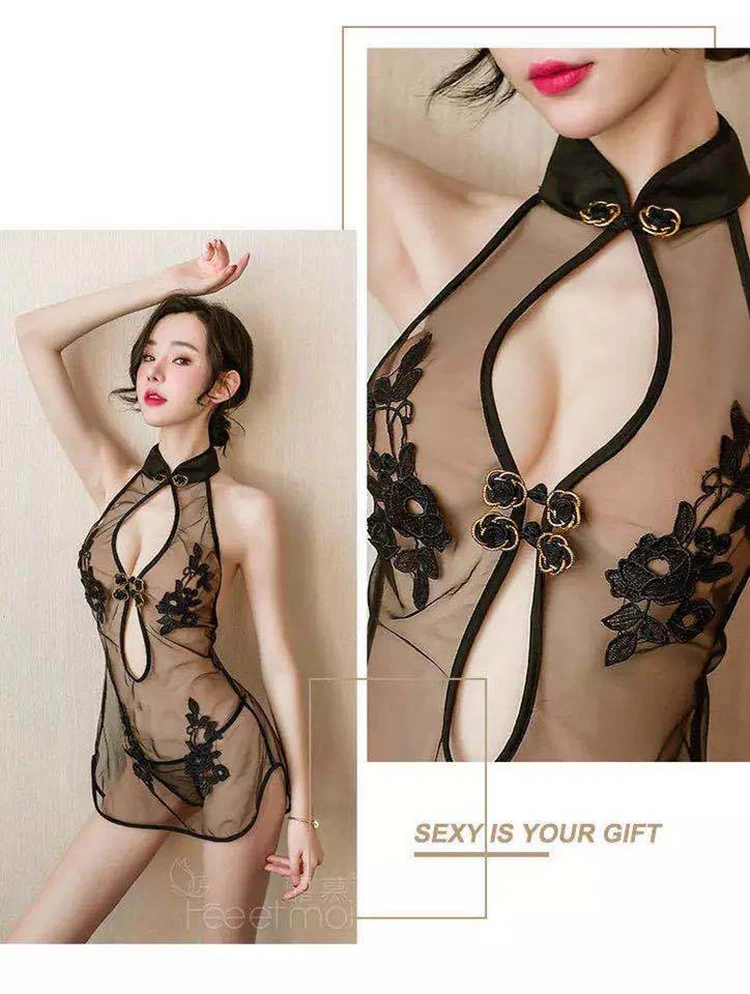 Sexy underwear sexy lace slit uniform net classic embroidery cheongsam transparent one-piece Pure desire night skirt