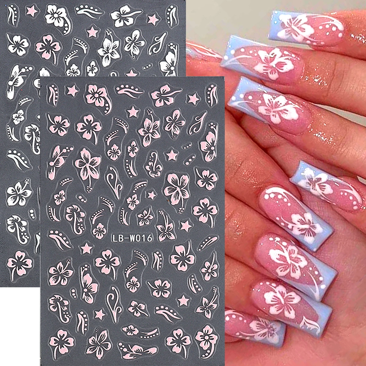 Hibiscus 3D Nail Sticker White Pink Floral Nail Decals Star Curve Pattern Tropical Summer Flower Manicure Sticker for DIY Nail S