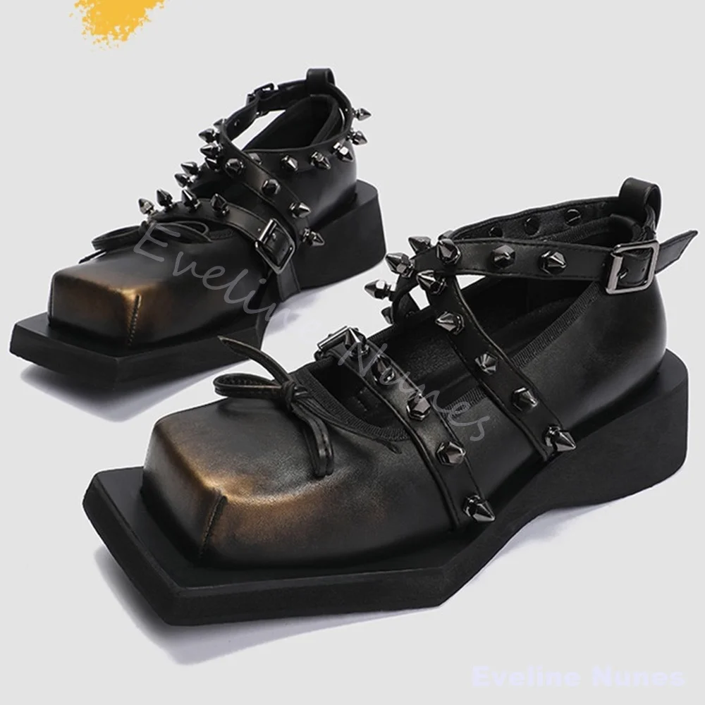 Vintage Brushed Rivet Mary Jane Shoes Women Multi Straps Bow Square Toe Wedges Platform Pumps Gothic Y2K Punk Street Shoes