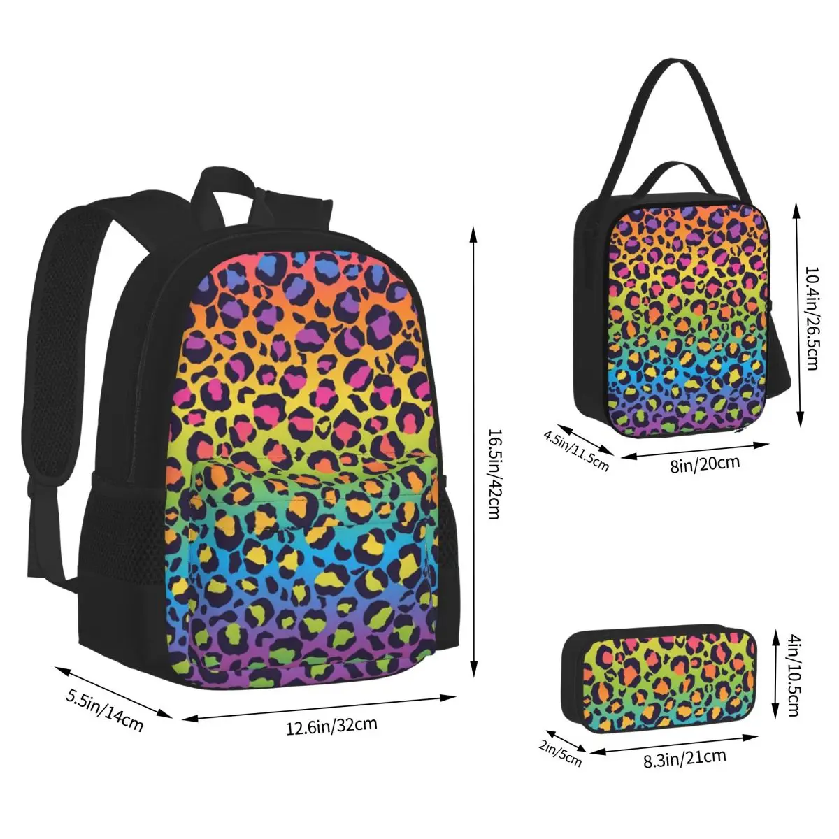 Bright Rainbow Ombre Gradient Leopard Backpacks Students Bookbag School Bags Rucksack Lunch Bag Pen Bag Three-Piece Set