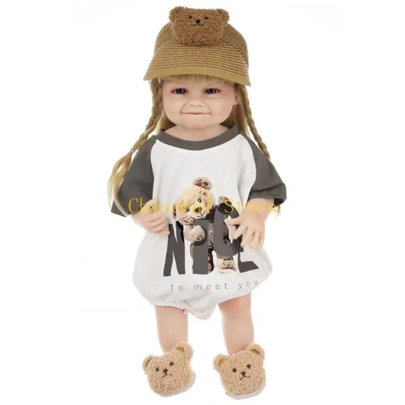 E7CE 인형 Reborns 웃는 보조개 인형 긴 금발 머리 부드러운 비닐 바디 소녀 인형 어린이 선물 21''