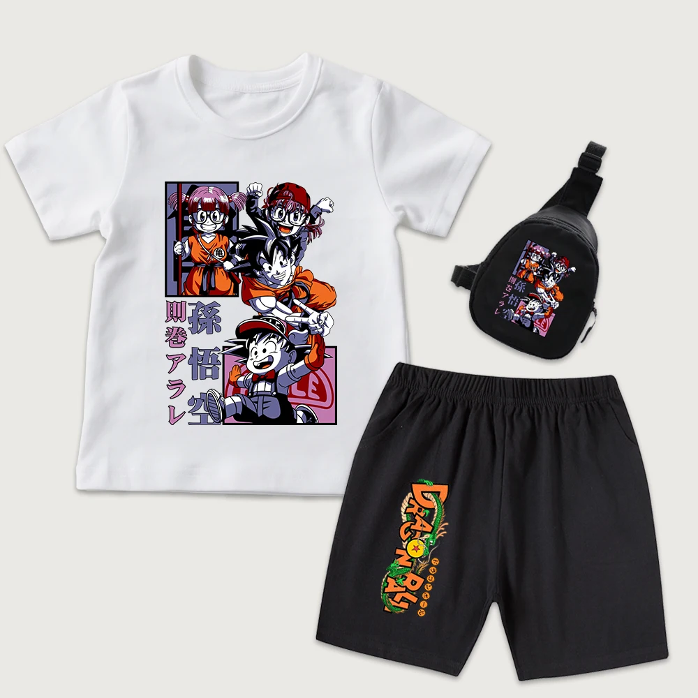 Dbz Goku x Arale Anime Print Kids Boys Girls Cotton T Shirt Shorts Mini Chest Bag 3pcs Set Casual Summer Outfit