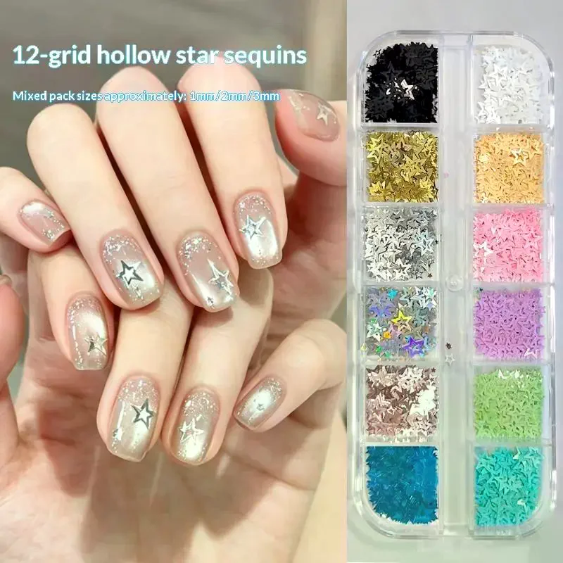 12 Grids Hollow Star Nail Art Glitter Sequins Multiple Colors Individual Compartments For DIY And Salon Nail Art Use 1 Set