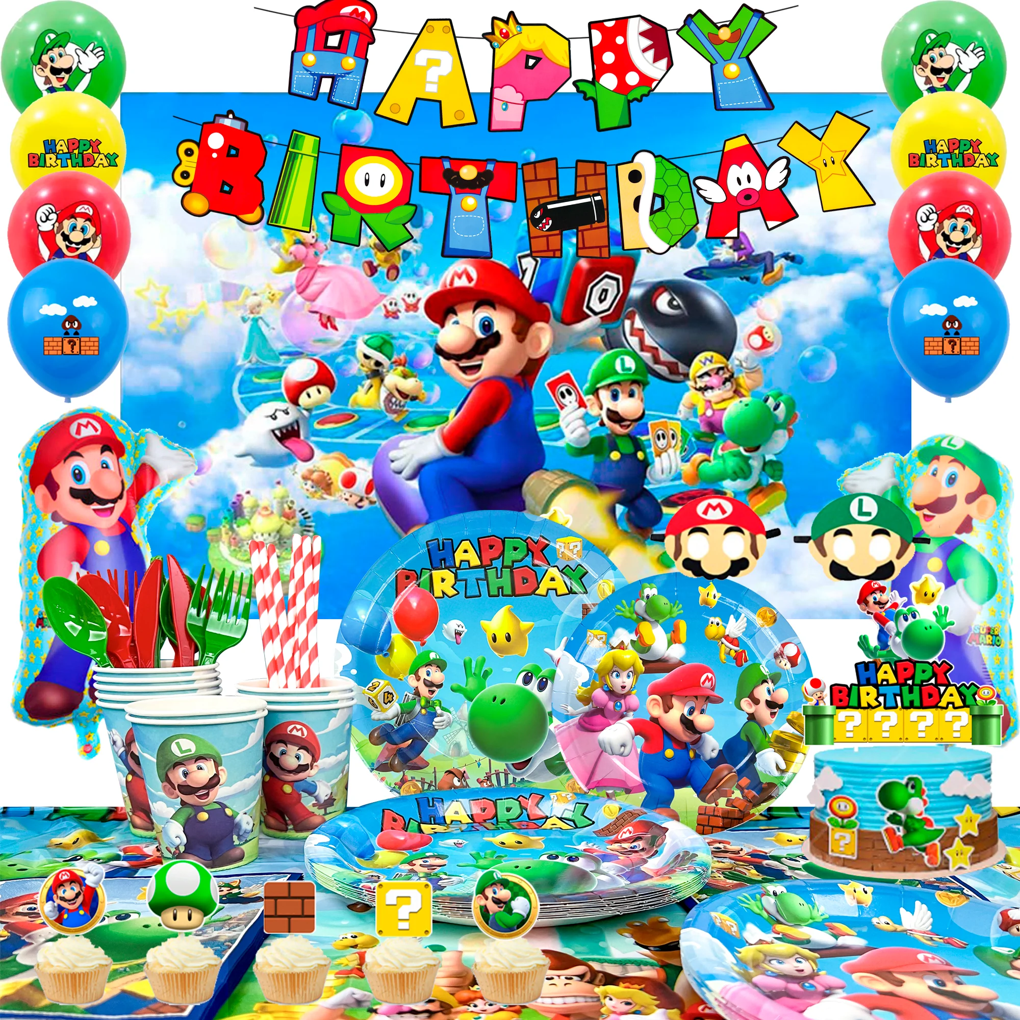 Ensemble de décorations et de vaisselle de fête Mario, 177 pièces, assiettes de fête Mario, ballons, bannière d'arrière-plan, etc., fournitures de fête d'anniversaire Super Mario