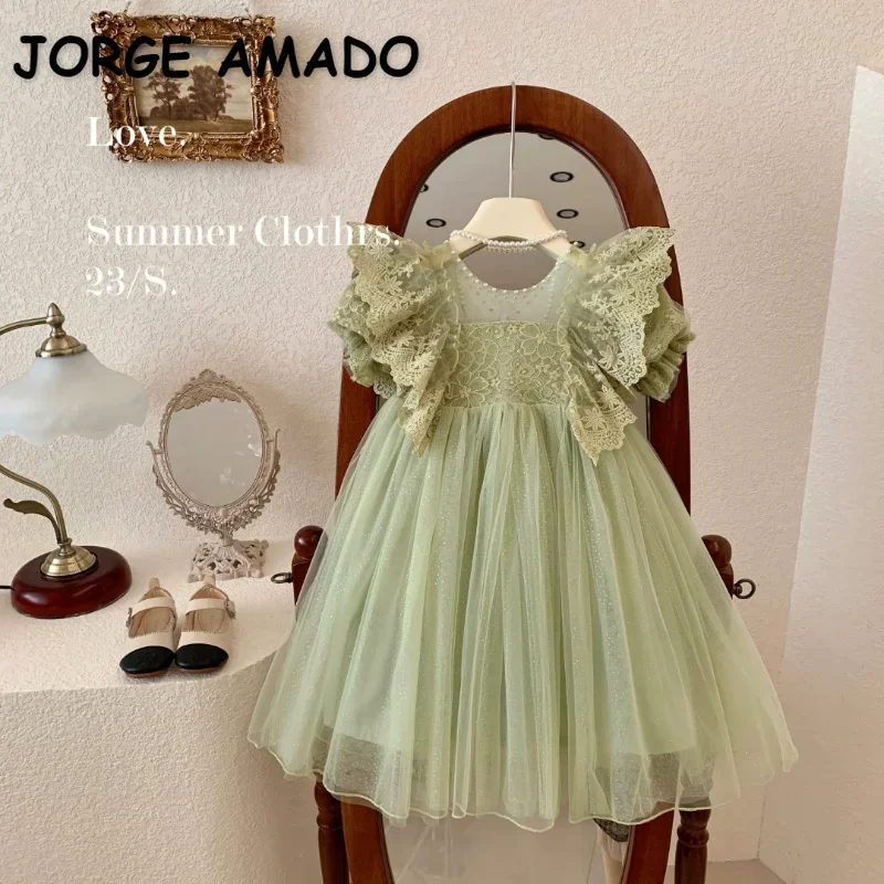 Children's Princess Dress In Green Korean Style Baby Party Dress with Lace Pearl Mesh Flare Sleeves Suitable for Summer E23344