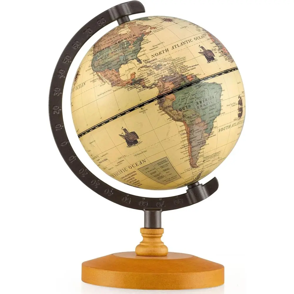 

5.5-Inch Miniature Rotating World Globe with Wooden Base, Antique-Style Map for Educational and Decorative Use