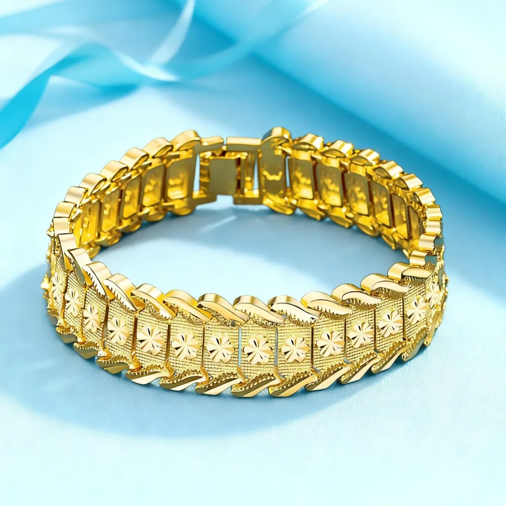Original 925er Sterlingsilber, 18 Karat Goldfarbe, hübsches breites Armband für Damen und Herren, Modedesigner-Schmuck, PARTY, Hochzeit