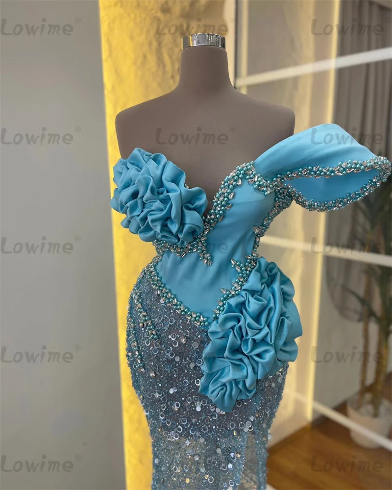 Blue Ruffles Off Shoulder Long Mermaid Evening Dress 2024 Crystals Beaded Birthday Party Dress Second Reception Prom Gowns Robe