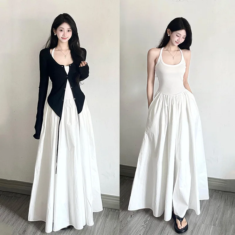 

White Sleeveless Vest Dress Women Spring Autumn Inner Wear Korean Casual Long Skirt Two Piece Set High Waist A- Line Dress