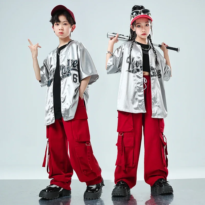 Joggers de Hip Hop para niños, trajes de baile callejero de salón, ropa de calle para niños, ropa Punk de Jazz para niñas, camisa plateada de manga corta