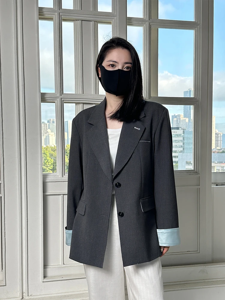 

Женский повседневный костюм JanZhang2025: весенний, свободный крой, цветной блок, шерстяной, прямой крой, длинный рукав, на одной пуговице