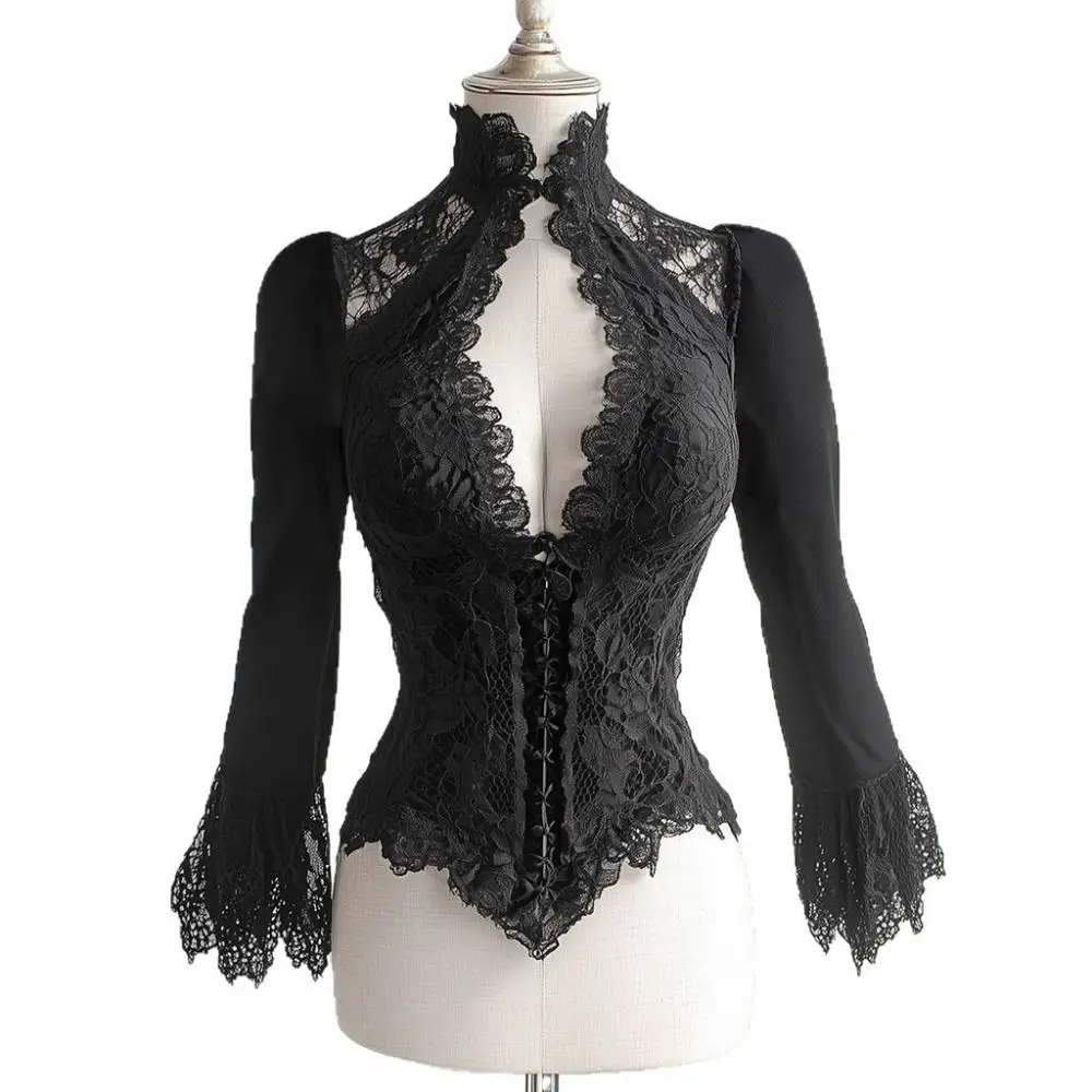 

Asymmetric Hem Black Color Goth Blouse Slim Fit Cut Out Design Lace Blouse Stand Collar Lace Trim Gothic Top Women Fashion