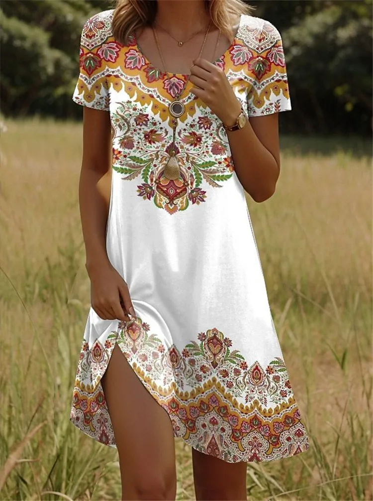 Ethnische Blumen Kurzarm O-ansatz Mini Kleid Frauen Retro 3D Druck Lose Kleid Outdoor Casual Mode Sommer Plus Größe Kleid 9XL