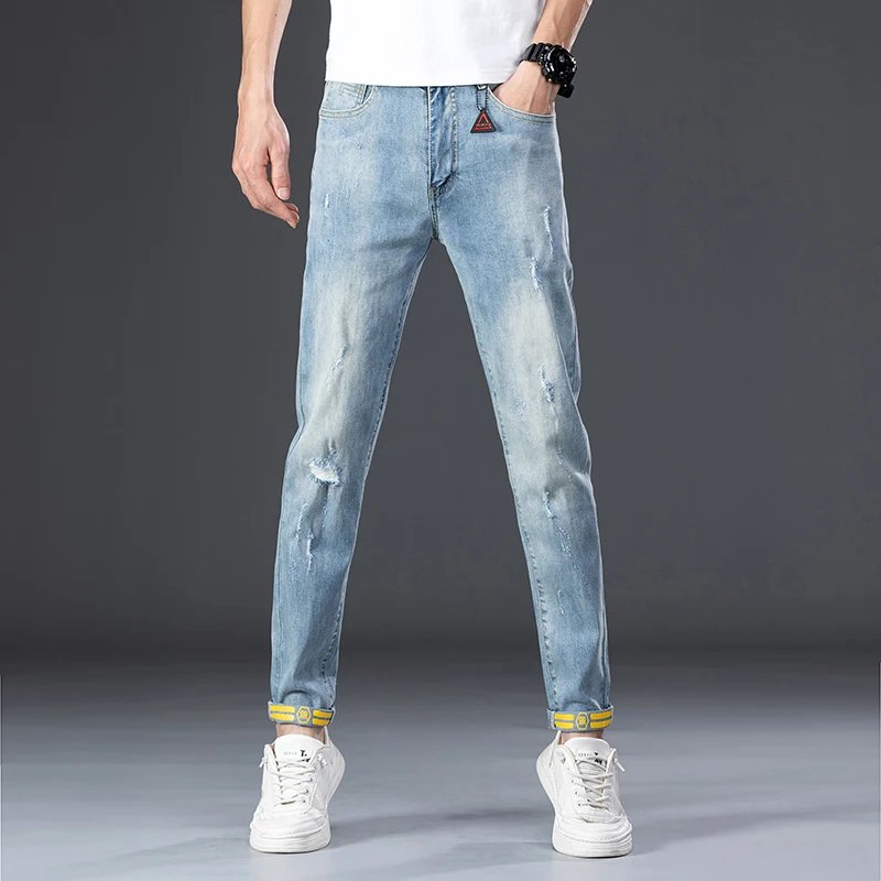 Brand Clothing Jeans Men High Quality Stretch Light Blue Denim Fashion Pleated Retro Pocket Skinny Trousers Pants 27-36