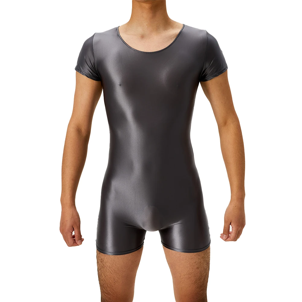 

Men Oil Shiny Smooth Bodysuit Short Sleeve Boxers Jumpsuit Erotic Lingerie High Elastic Shapers Tights Seductive Leotard