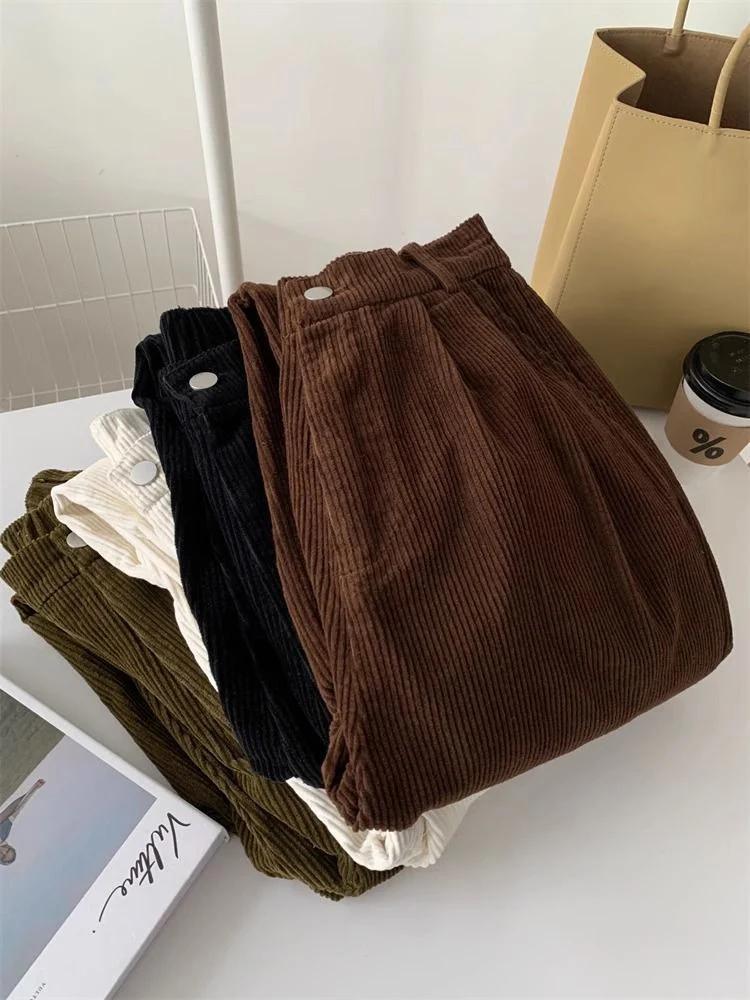 Zoki Korean Vintage Streetwear Corduroy Pants Women High Waist Harajuku Solid Trousers Spring Casual Harajuku Wide Leg Pant New