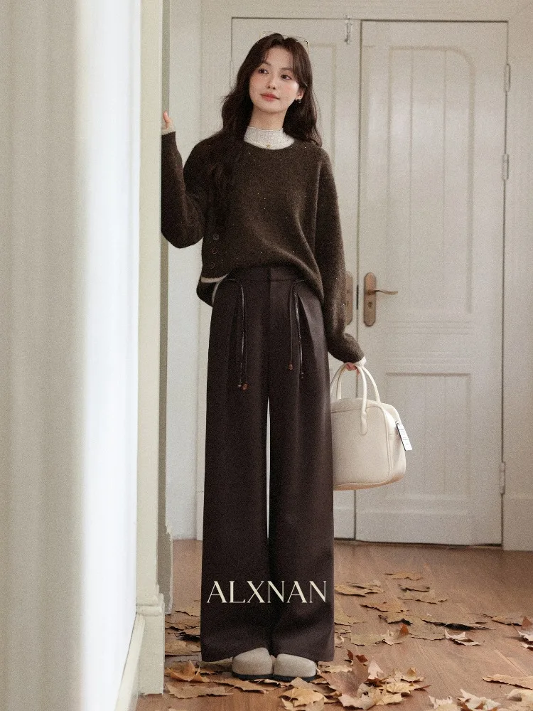 ALXNAN Damskie spodnie zimowe w stylu koreańskim, luźne, codzienne brązowe spodnie 2025, ciepłe, proste, eleganckie, damskie spodnie typu baggy L58710