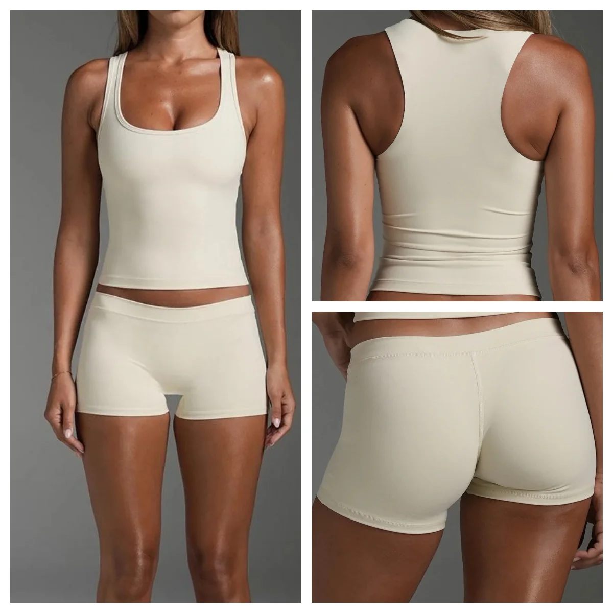 SW-T Women U Neck Racerback Slim Tank Top Low Waist Butt Lifting Biker Shorts Nude Feel Yoga Gym Pilates Fitness Activewear