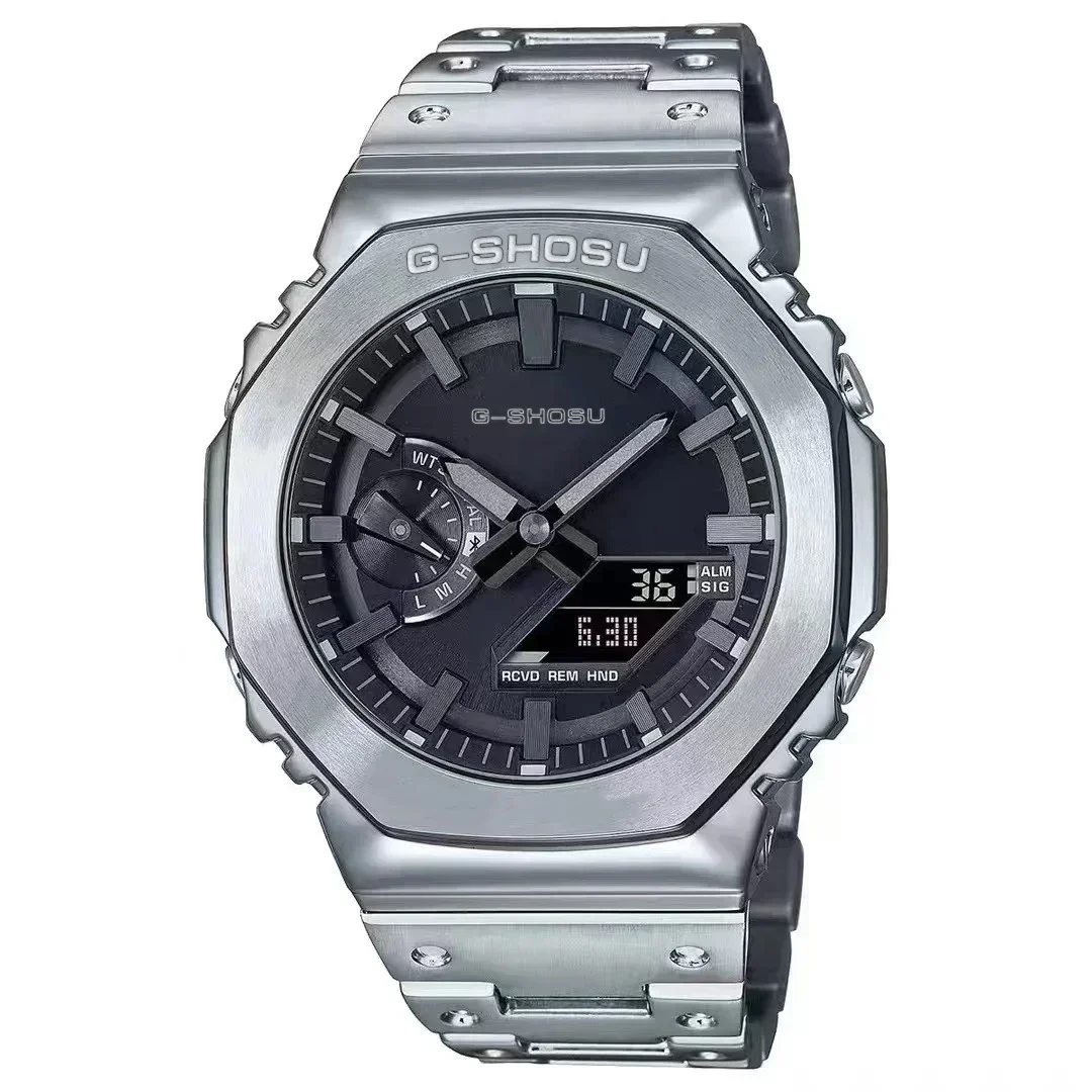 Reloj digital unisex para deportes al aire libre, pantalla dual LED, función completa, correa de acero, serie GMB