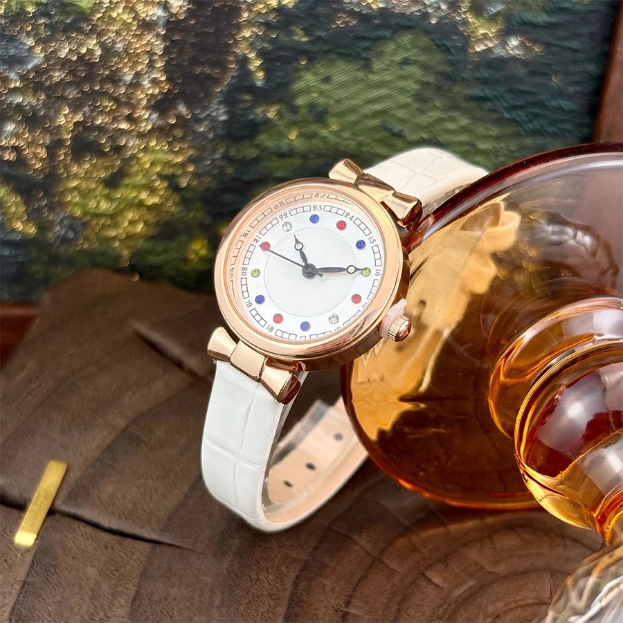 Leather Watch for Woman: Colorful Diamond Inlaid Dial Glossy Retro Style Fashion Watch