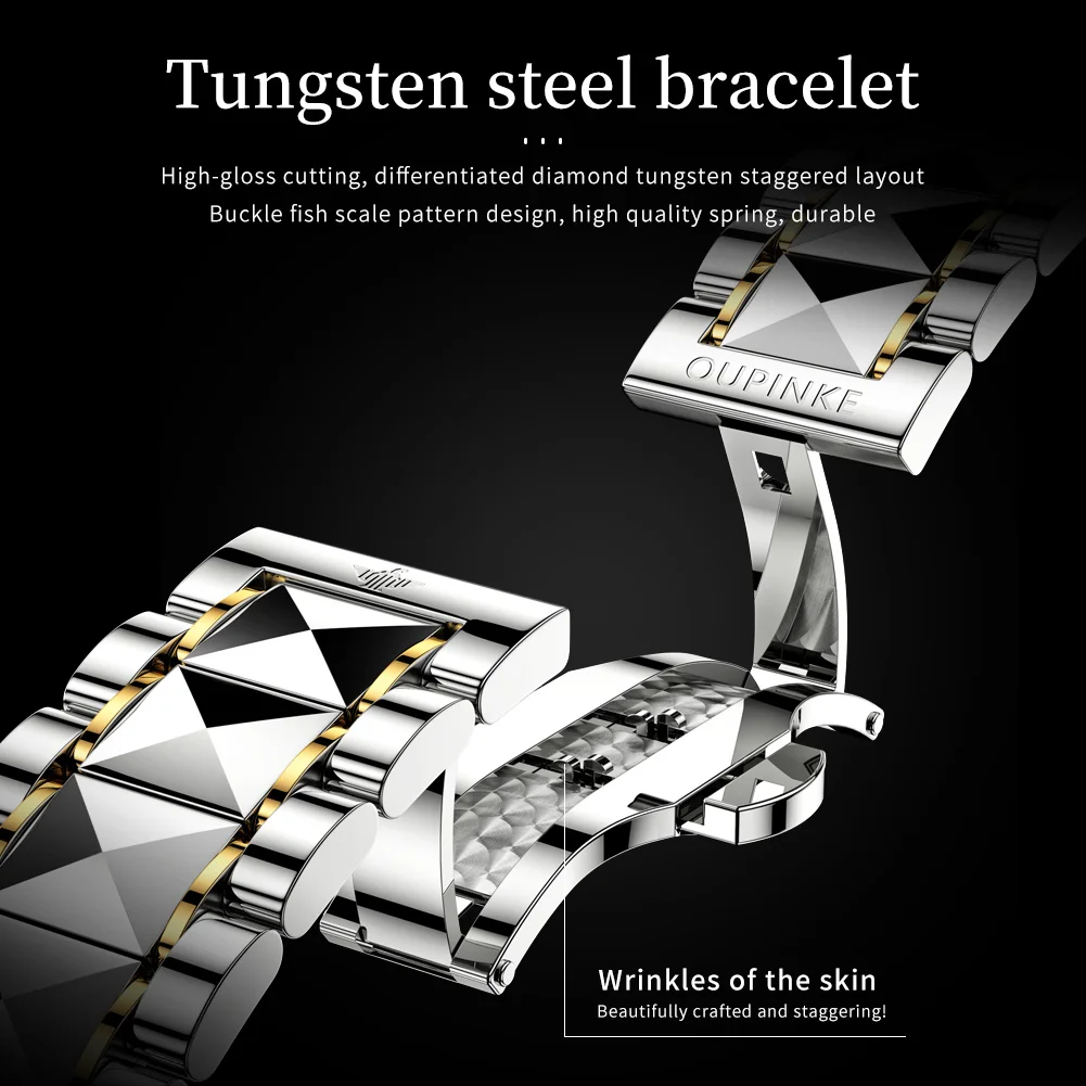 OUPINKE High Quality Mens Watches Prism Shaped Sapphire Mirror Automatic Mechanical Watch 50m Waterproof Tungsten Steel Watch