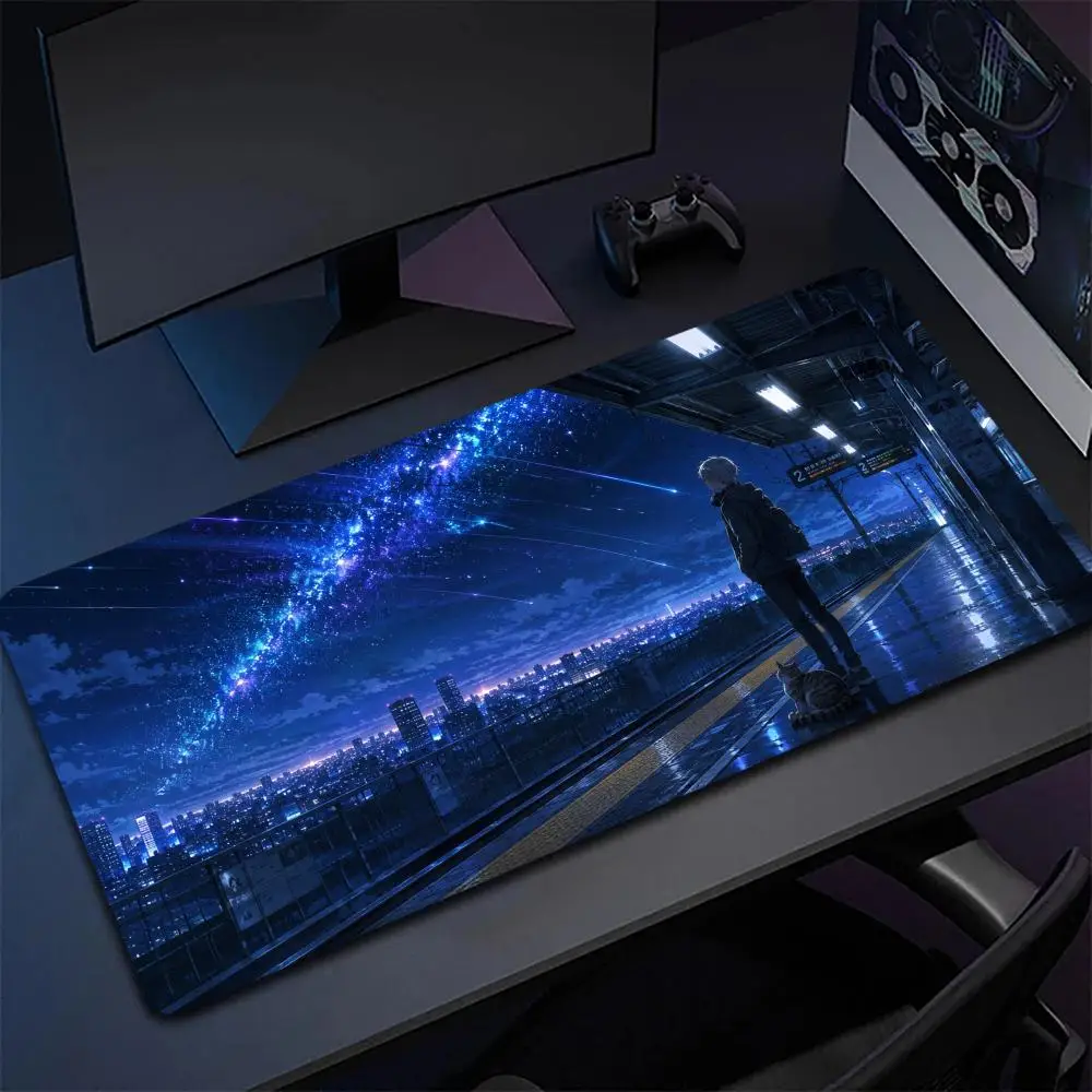 Anime Girl Black Cat City River Meteor Shower Starry Night Landscape Extra Large Non-Slip Extended Rubber Gaming Desk Mouse Pad
