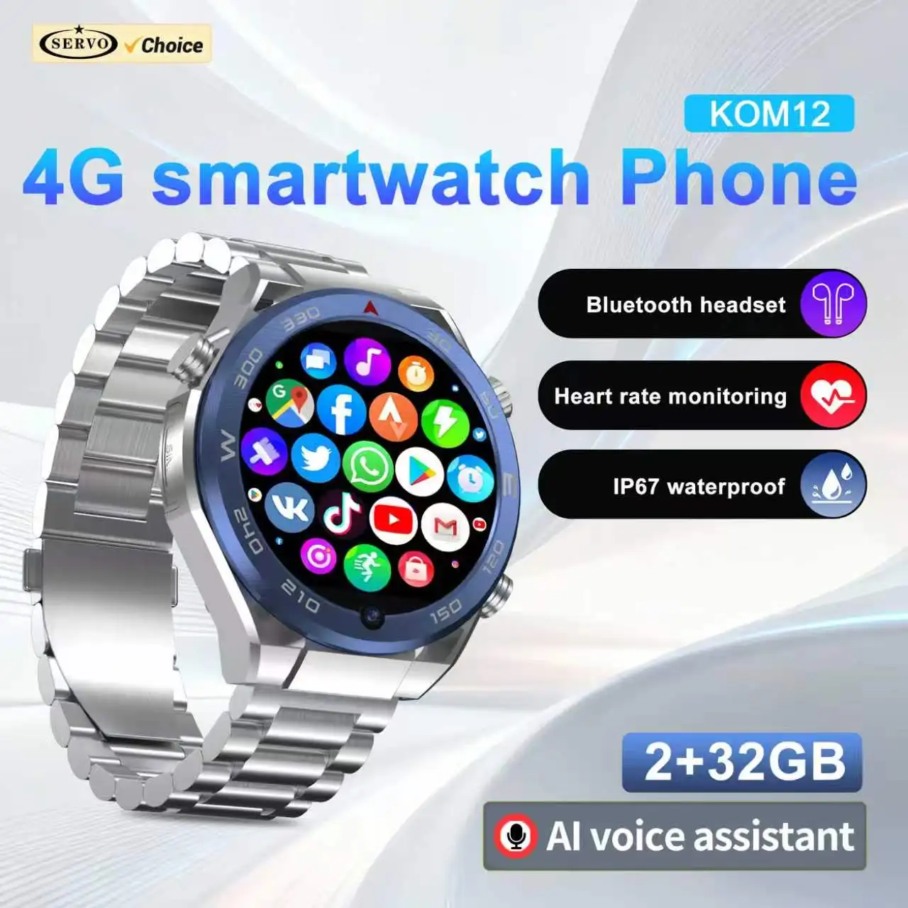 SERVO KOM12 Android Watch Smartphone 4G One SIM Standby 2GB+32GB GPS Play Store WiFi Waterproof 1.62