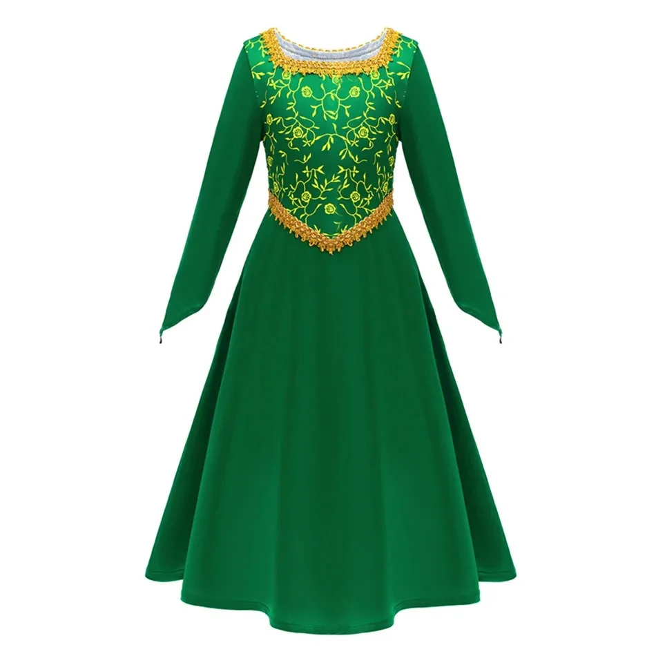 Anime Girls Princess Green Dress Fiona Dress Shrek Cosplay Costume Halloween Fancy Fantasy Party Suit Roleplay for Kids