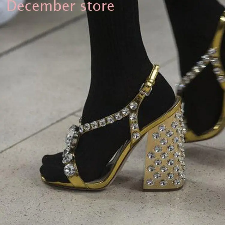 Ladies Silver Leather Luxury Block High Heel Sandals Ankle Straps Diamond Open Toe Plus Size Sandals for Women