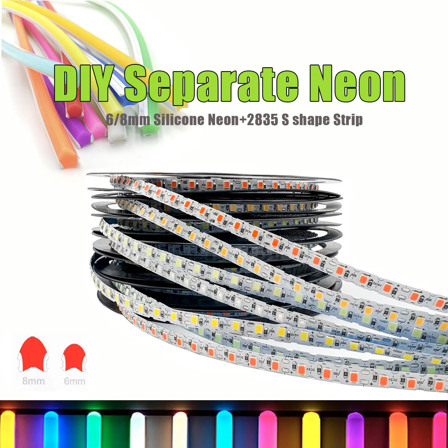 S‑Shape Separate Silicone Neon Tube, 6mm 8mm DC12V SMD2835 120LEDs/m Waterproof Flexible LED Strip for DIY Signs
