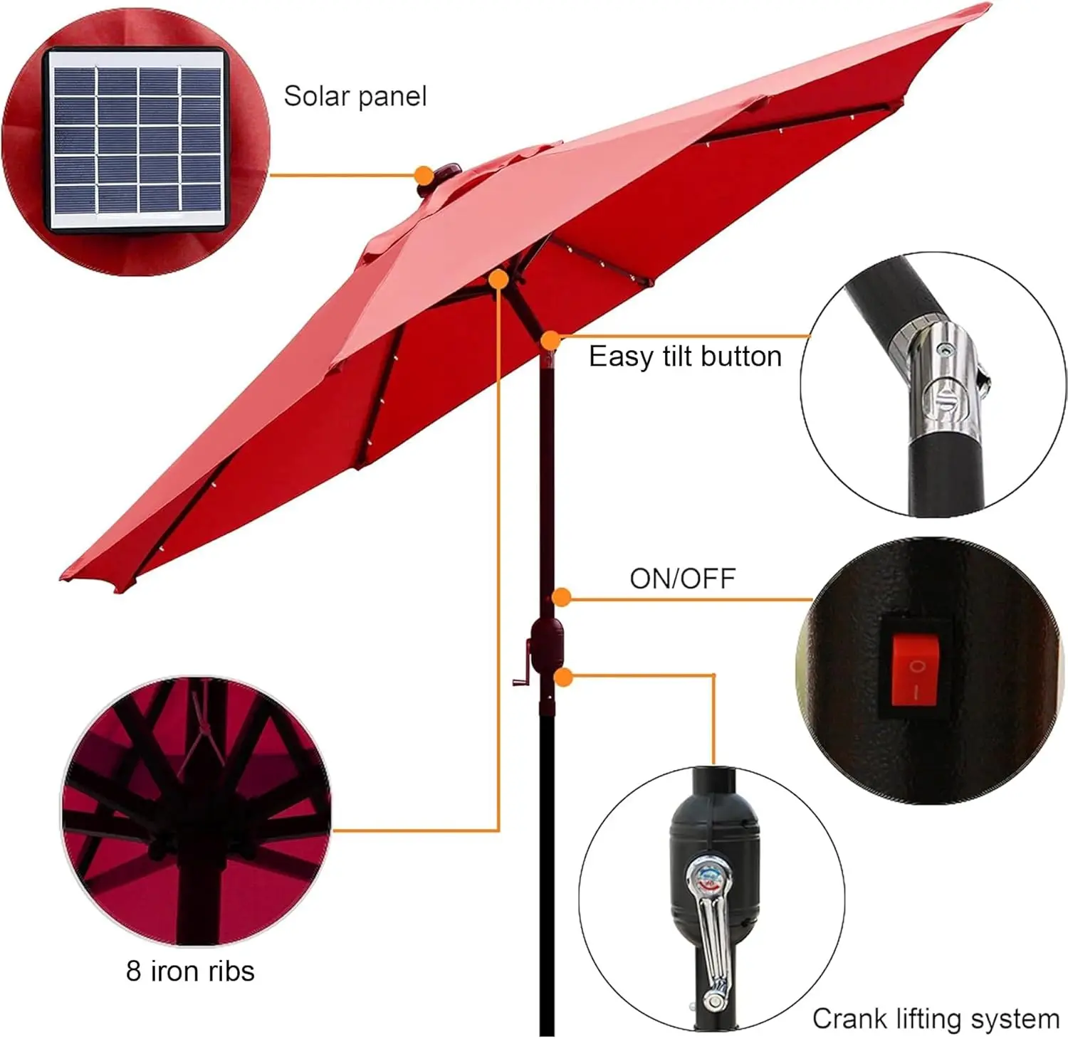 9 ft Solar Umbrella, 32 LED Lighted Patio Umbrella, Table Market Umbrella, Outdoor Umbrella for Garden, Deck, Backyard